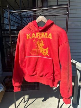Karma Red Crewneck Hoodie with Yellow Graphic